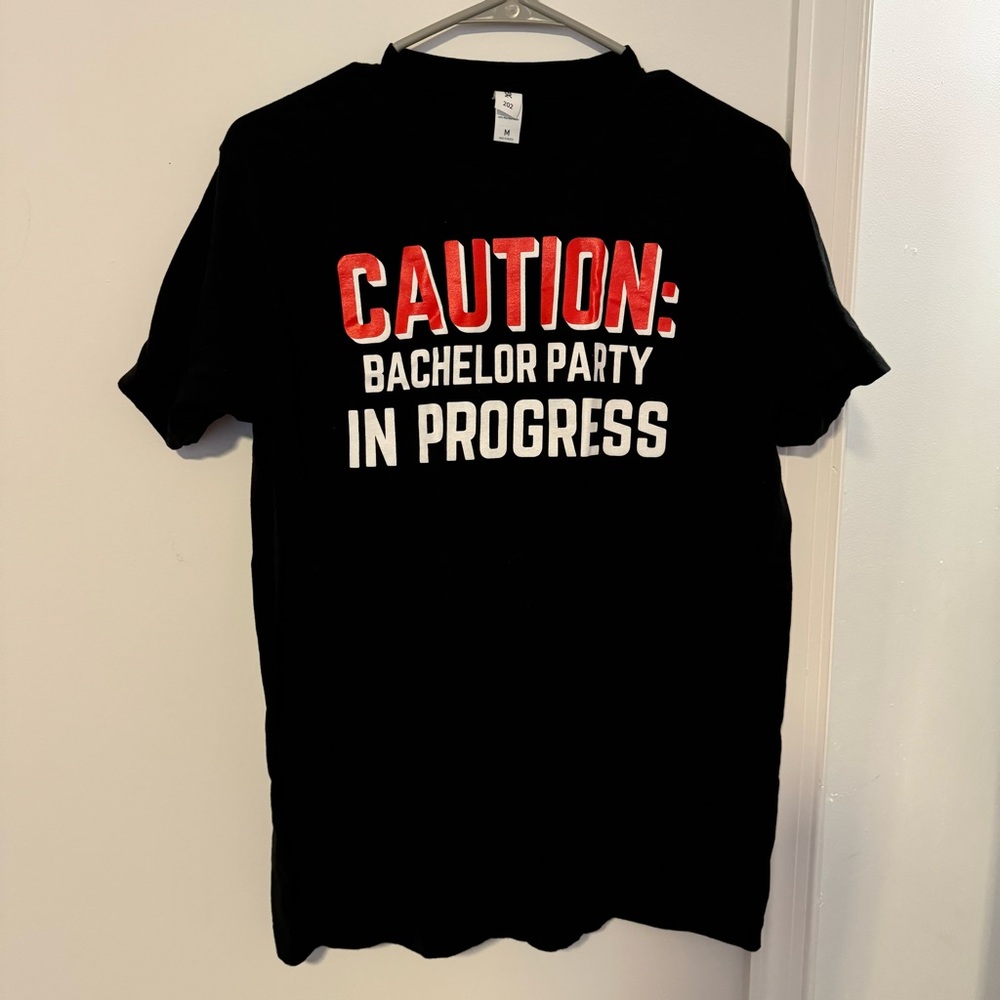 Black Cotton Caution Bachelor Party T-Shirt Wedding Groom Engagement